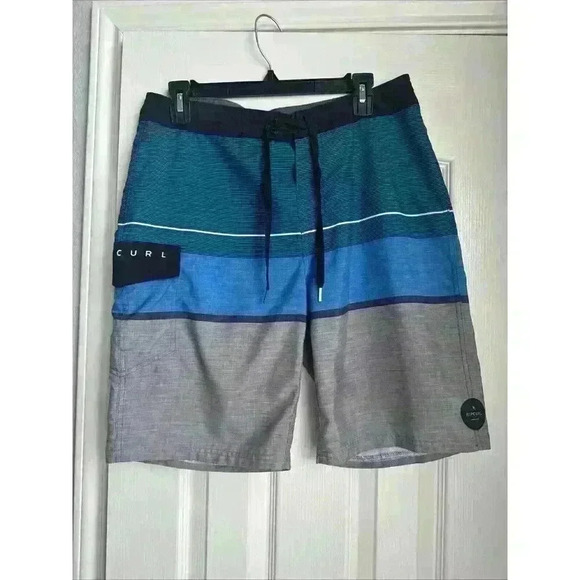 Rip Curl Board Shorts Men's Blue/Gray Striped 10" Size 31 Swim Trunks Beach Surf - Picture 1 of 5